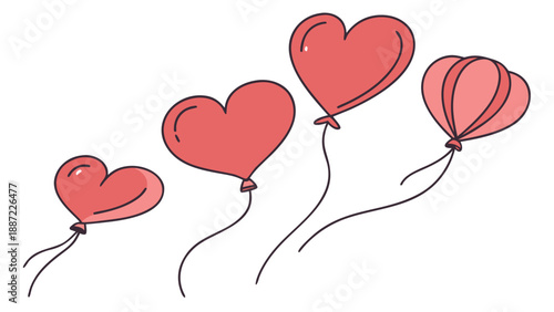 Red heart shaped balloons illustration floating in air for love romance valentine celebration background design