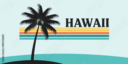 Retro style Hawaii beach sunset vector with palm trees and ocean. Perfect for travel posters, summer designs, vacation branding, and tropical backgrounds.