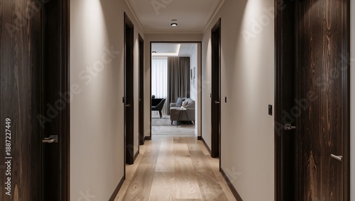Bright Hallway Leads to Living Area in Modern Apartment in the Afternoon Light