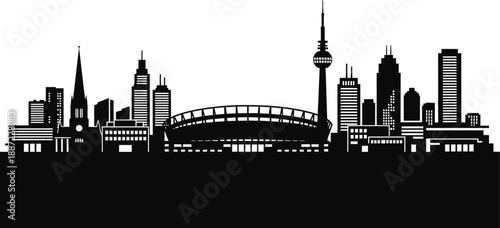 City skyline with skyscrapers and stadium silhouette on white background  urban landscape