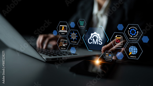 Concept of a Content Management System (CMS). A platform for website administration, digital content creation, workflow management, and e-commerce integration. Fermion