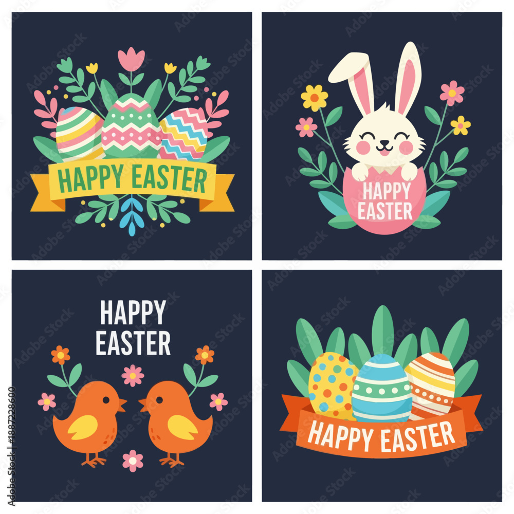 Fototapeta premium Happy Easter Illustration Collection with Cute Pink Bunny, Yellow Chicks, and Patterned Eggs. Festive Vector Graphic Set with Floral Elements and Ribbon Banners on Dark Blue Background.