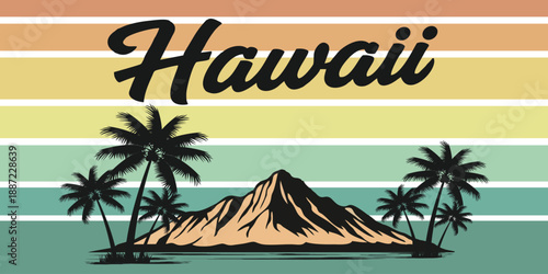 Stylish Hawaii landscape vector combining mountain, beach, and palm trees. Perfect for travel branding, posters, summer vacation graphics, and island themes.