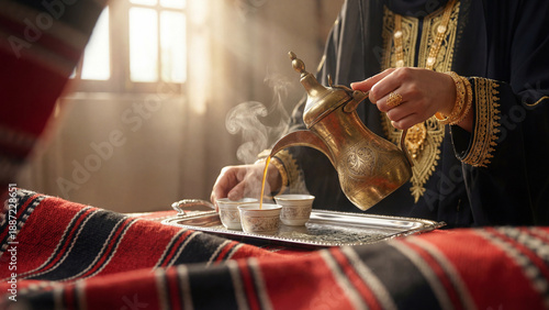 Pouring Arabic Coffee from Dallah into Cups on Silver Tray