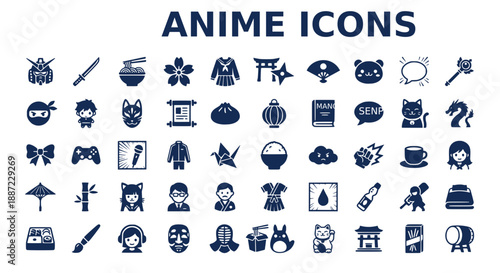 Anime and Manga Culture Flat Vector Icons Set - Japanese Pop Culture Symbols
