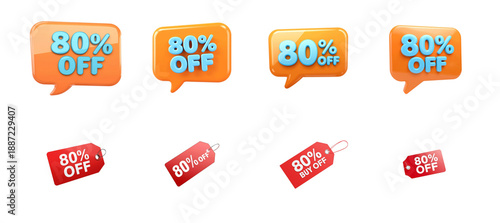Collection of vibrant 80% off discount badges and price tags for promotional sales