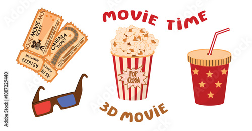 Movie time icons set. Movie tickets, cup of popcorn, drink with a straw, 3D glasses, hand written text. Cartoon objects isolated on a white background. Vector design for use in card, banner, poster.