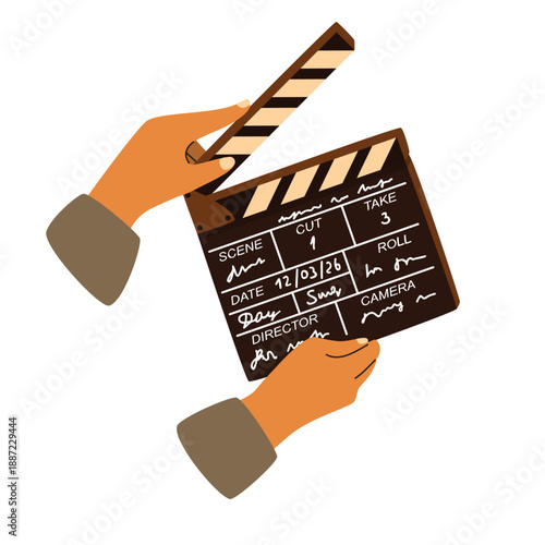 Cinema clapper bord in hands. Cartoon vector illustration isolated on a white background. Filming of a movie or show with date, time, name of cameraman and director. For use in banner, poster template