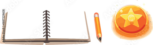 Creative Desk Artistry. Minimal studio desk with sketchbook, pencil, and a softly glowing star idea badge, clean spacing and