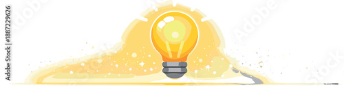 Inspirational Lightbulb Illustration. Lightbulb icon glowing above a clean horizon line with soft sparkle dust and airy negative