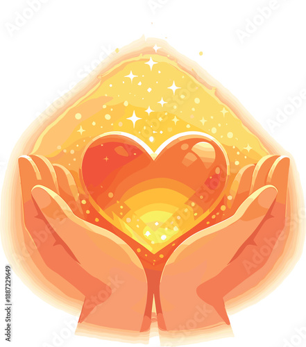 Glowing Heart Core. Hands holding a glowing heart core with gentle sparkles rising upward, soft gradient haze suggesting gratitude