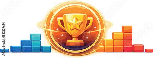 Trophy Star Achievement. Trophy-star badge with subtle glow rings and sparkle dust, surrounded by minimal progress blocks