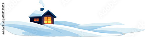 Minimal Winter Cabin Icon. Minimal cabin icon with warm window glow sitting on smooth snowdrift shapes, sparse snowflake bokeh and