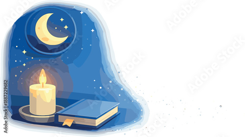 Serene Evening Corner. Serene evening wind-down corner with candle, book, and moon glow badge, soft sparkle particles fading into