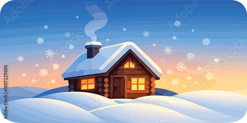 Cozy Cabin Scene. Cozy cabin icon with warm window glow sitting on smooth snowdrift shapes, sparse snowflake bokeh and calm