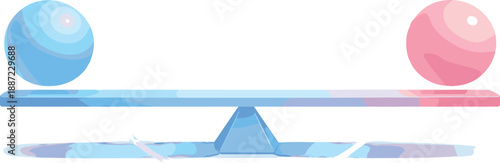 Spheres of Balance. Smooth seesaw balance beam with two equal geometric spheres hovering in perfect equilibrium, gentle glow ring