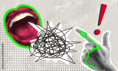 Halftone screaming mouth. Modern collage with female mouth that screams. Template for banner, poster, social media and ads. Vector illustration.	
