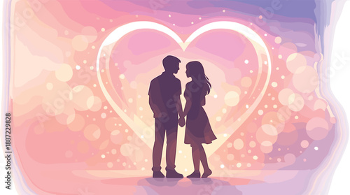 Silhouettes Under Heart Arch. Couple silhouettes holding hands under a glowing heart arch, soft bokeh sparkles and gentle gradient