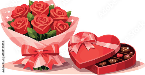 Romantic Gift Vignette. Rose bouquet and heart-shaped chocolate box arranged as a gift vignette, subtle sparkle dust and gentle