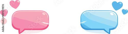 Connected Hearts Illustration. Message bubble pair connected by a thin glowing line, floating hearts and bokeh particles