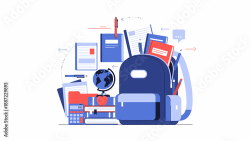 Vibrant school supplies overflowing from a blue backpack