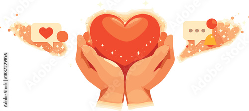 Modern Love Connection. Hands holding a glowing heart while small notification bubbles dissolve into sparkles, clean composition