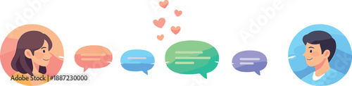 Connected Friendship Icons. Message bubbles connected by a thin glowing line between two friendly profile icons, small heart bokeh