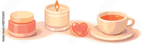 Self-Care Essentials. Self-care flatlay with skincare jar, candle, tea cup, and a small glowing heart badge, airy negative space