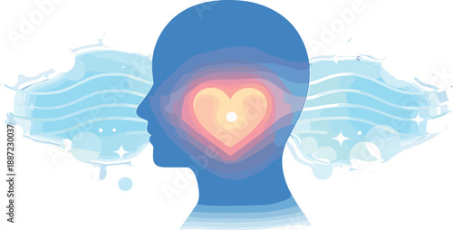 Serene Emotional Wellbeing. Calm head silhouette with a glowing heart core and gentle wave lines radiating outward, soft bokeh
