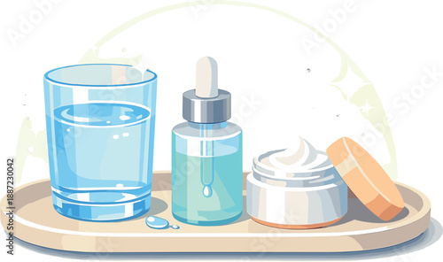 Morning Skincare Essentials. Morning skincare and hydration vignette with water glass, serum dropper, and moisturizer jar on a