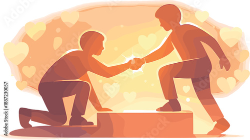 Kindness Silhouettes Art. Two people silhouettes helping one another up a small step, glow halo and subtle bokeh hearts suggesting