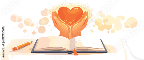 Heartfelt Gratitude Illustration. Hands holding a glowing heart above an open journal, soft bokeh sparkles and gentle gradient