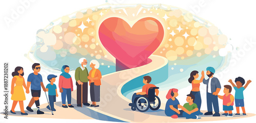 Inclusive Heart Hub. Accessible community scene with varied person icons and a gentle ramp-like curve leading into a glowing heart