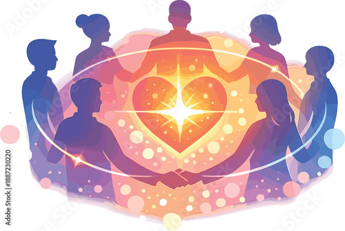 Teamwork Star-Heart Circle. Team silhouettes forming a circle around a glowing star-heart core, thin glow lines and soft bokeh