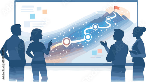 Collaborative Vision. Team goal scene with silhouettes around a digital whiteboard and a glowing roadmap path, subtle sparkle dust