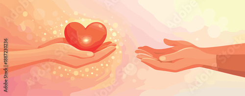Sharing a Heart. Hands offering a glowing heart to another pair of hands, soft bokeh sparkles and gentle gradient haze in a wide