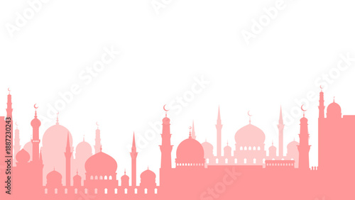 A layered pink silhouette of an Islamic cityscape featuring mosques with domes, minarets, and crescent moons.