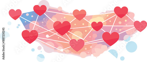 Connected Hearts Network. Network of hearts connected by thin glowing lines forming a simple outreach map, bokeh sparkles and