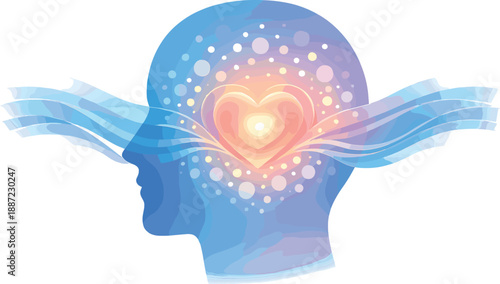 Glowing Heart Silhouette. Calm head silhouette with a glowing heart core and smooth wave lines, glow dots expanding like breathing