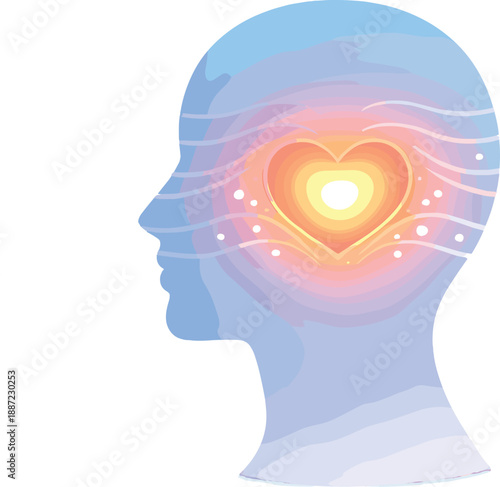 Empathy Heart Silhouette. Calm head silhouette with a glowing heart core and smooth wave lines radiating outward, glow dots