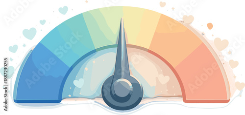 Emotional Intelligence Icon. Emotion balance dial icon with a smooth gauge needle centered, gentle glow halo and tiny heart-like