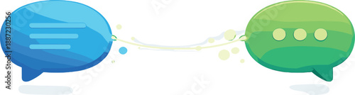 Communication Dialogue Illustration. Two chat bubbles connected by a thin glowing line, soft bokeh sparkles and wide clean