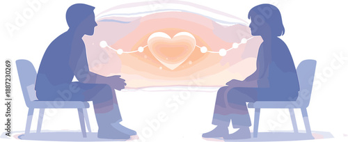 Supportive Counseling Scene. Supportive counseling vignette with seated silhouettes and a gentle glow heart node between them,