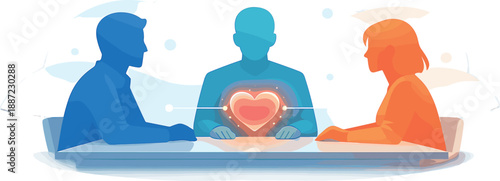Heartfelt Conflict Resolution. Mediation table vignette with three simplified silhouettes and a glowing heart node between them,