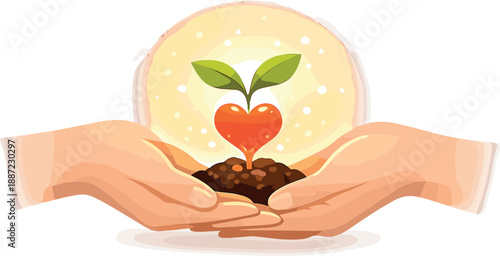 Nurturing Heart Seedling. Two hands nurturing a small glowing heart seedling sprouting leaves, gentle glow halo and airy spacing