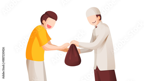 A Muslim man in a white cap gives a bag of charity to a happy man in a yellow shirt.