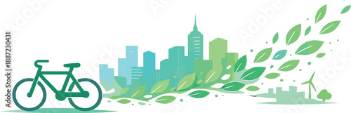 Green Commuting Icon. Bike commuting vignette with simple bicycle icon and city silhouettes, leaf particles trailing behind like
