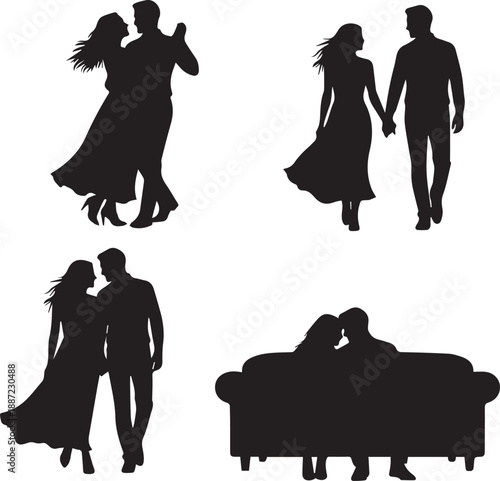 Romantic Couple Silhouettes Set, Man and Woman in Love Dancing, Walking, and Sitting on Sofa