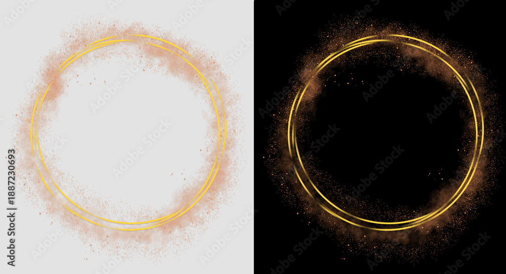 Fototapeta premium Golden light spiral with space aura and glowing sparkles. Shiny round frame with glitter