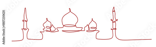 Minimalist red continuous one-line drawing of an Islamic mosque silhouette with domes and minarets.